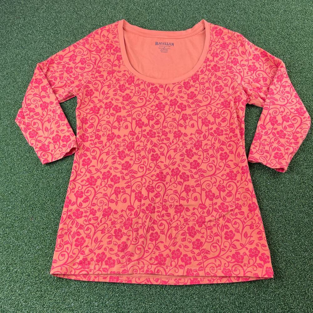 Magellan Orange Floral Scroll Print Long Sleeve Scoop Neck Stretch Top Womens